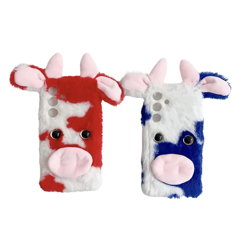 For Samsung Galaxy S25+ Case Fluffy Cute Cow Winter Plush Inner TPU Phone Cover - Blue