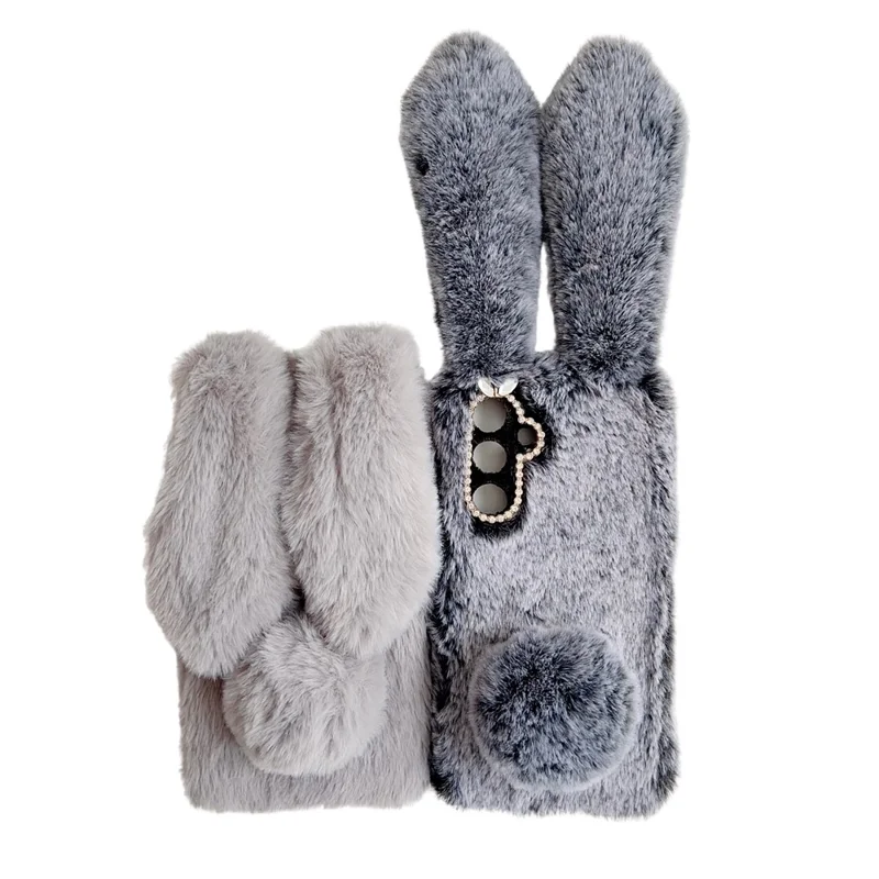 For Samsung Galaxy S25 Case Plush Cute Bunny Winter Fluffy TPU Phone Cover - Grey