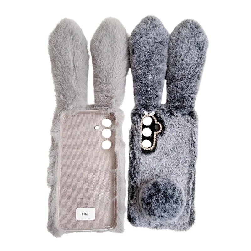For Samsung Galaxy S25 Case Plush Cute Bunny Winter Fluffy TPU Phone Cover - Grey