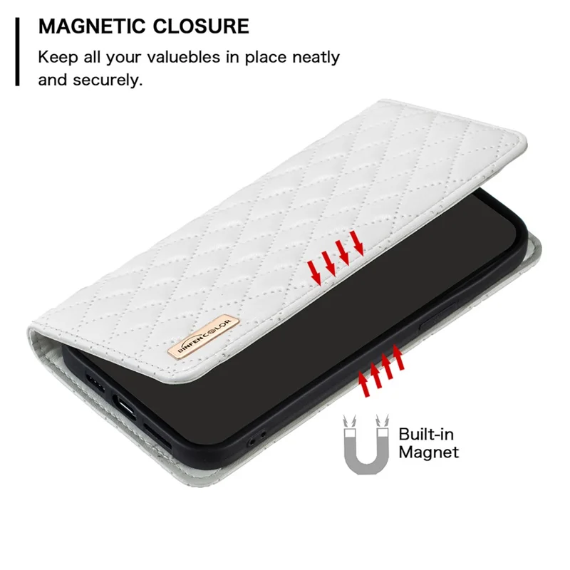 BINFEN COLOR BF Style-16 For Xiaomi Redmi Note 14 Pro+ 5G / Note 14 Pro 5G / Poco X7 5G Case Card Slots Rhombus Leather Cover - White