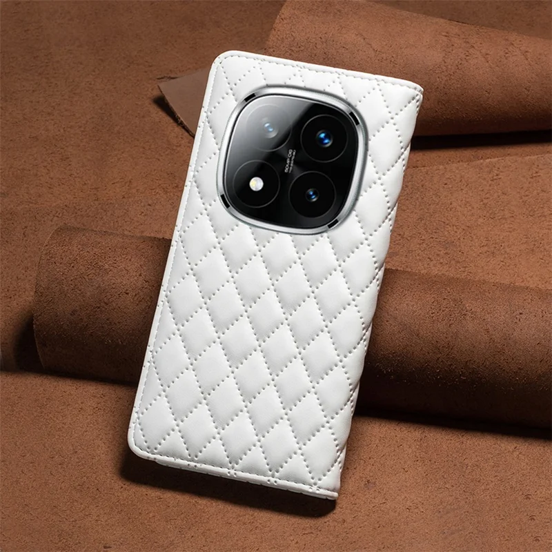 BINFEN COLOR BF Style-16 For Xiaomi Redmi Note 14 Pro+ 5G / Note 14 Pro 5G / Poco X7 5G Case Card Slots Rhombus Leather Cover - White