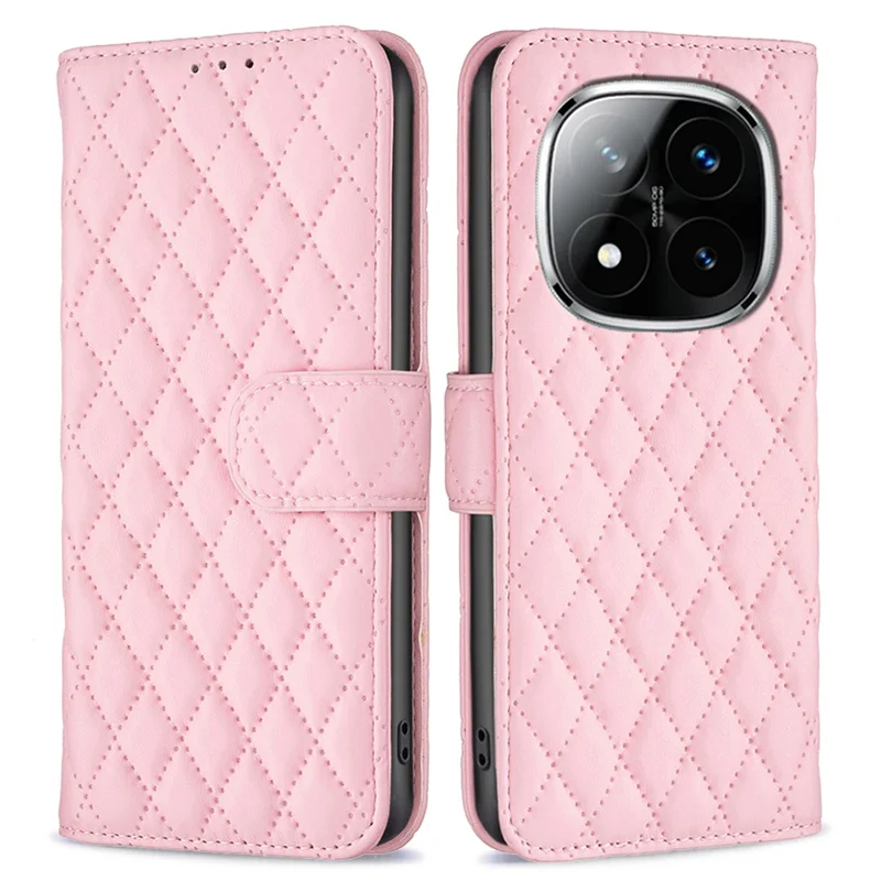 BINFEN COLOR BF Style-14 For Xiaomi Redmi Note 14 Pro+ 5G / Note 14 Pro 5G / Poco X7 5G Case Rhombus Phone Leather Cover Stand - Pink