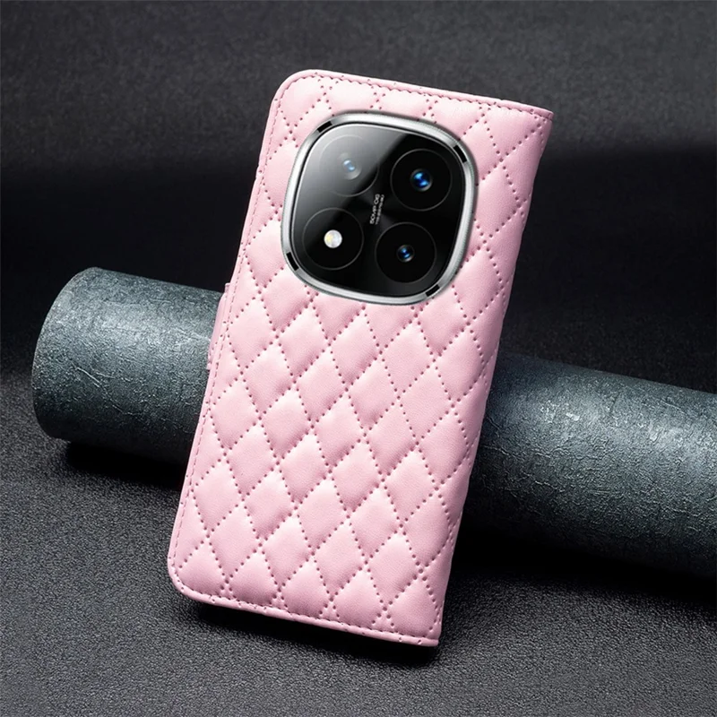 BINFEN COLOR BF Style-14 For Xiaomi Redmi Note 14 Pro+ 5G / Note 14 Pro 5G / Poco X7 5G Case Rhombus Phone Leather Cover Stand - Pink