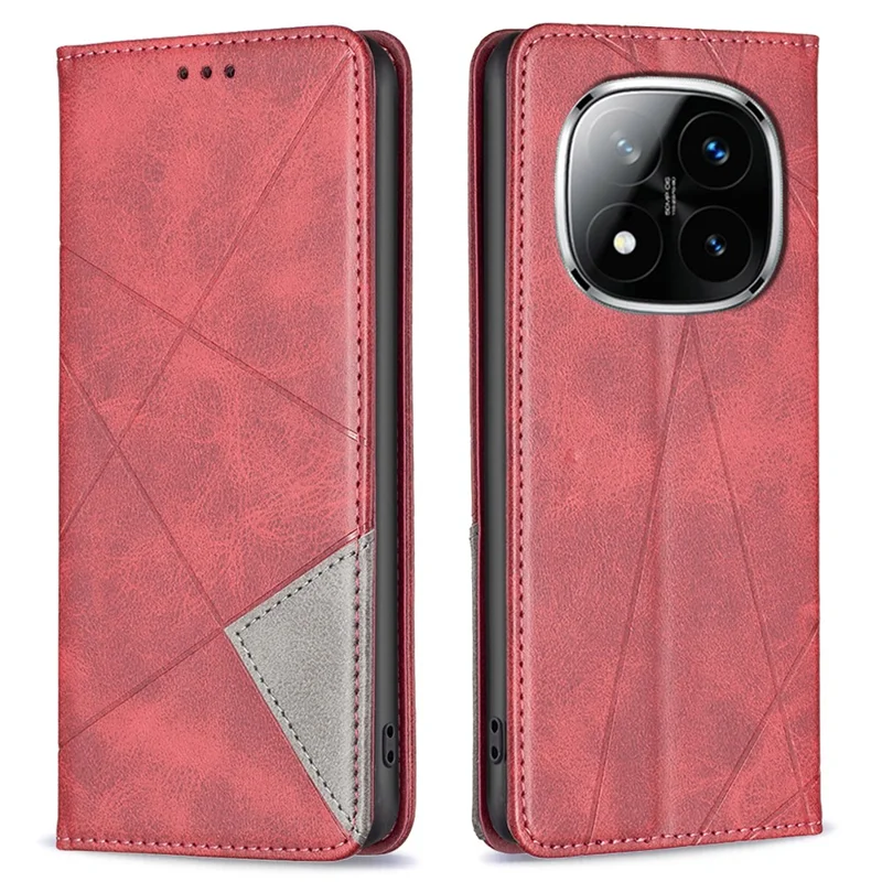 For Xiaomi Redmi Note 14 Pro+ 5G / Note 14 Pro 5G / Poco X7 5G Case Card Slots Geometry Imprint Leather Phone Cover - Red