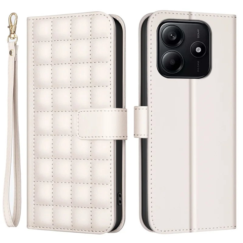 BINFEN COLOR for Xiaomi Redmi Note 14 5G Leather Case Wallet Square Grid Phone Cover - Beige