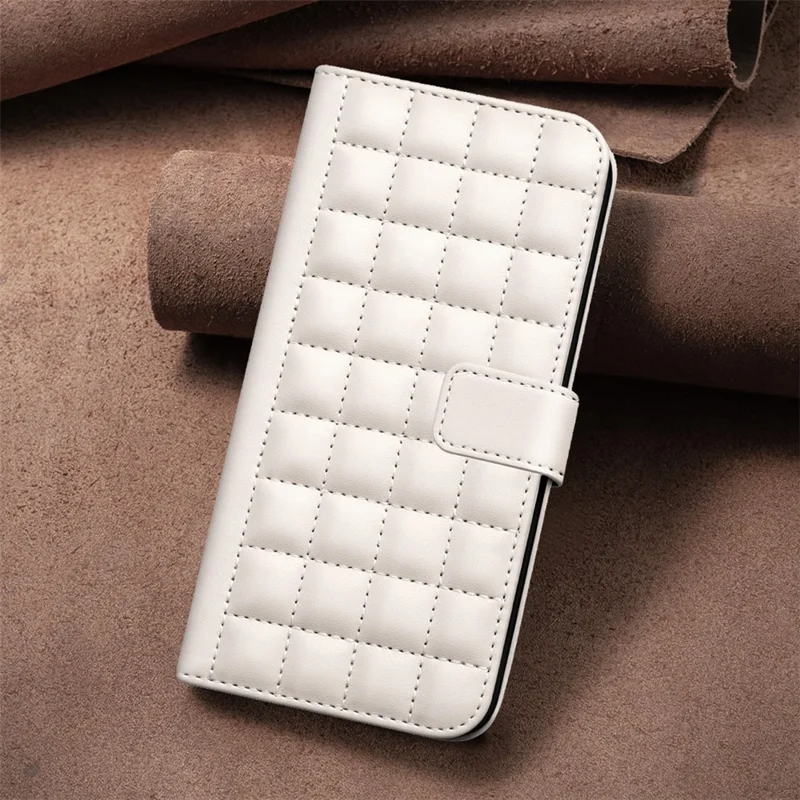 BINFEN COLOR for Xiaomi Redmi Note 14 5G Leather Case Wallet Square Grid Phone Cover - Beige