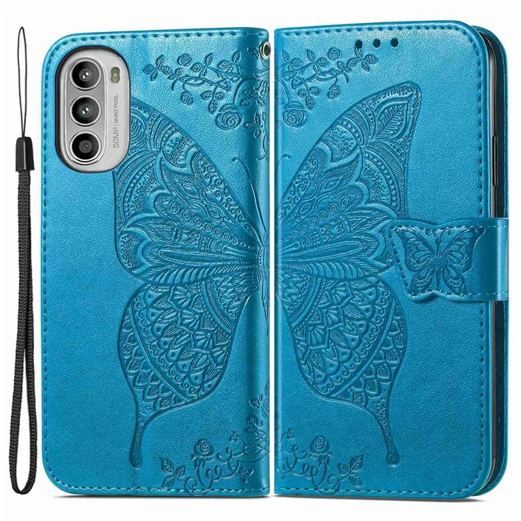 Pour Motorola Moto G52 4G / G82 5G Étui antichoc Butterfly Imprinted Wallet Phone Cover PU Leather Magnetic Clasp Stand Case avec dragonne - Bleu