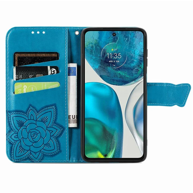 Pour Motorola Moto G52 4G / G82 5G Étui antichoc Butterfly Imprinted Wallet Phone Cover PU Leather Magnetic Clasp Stand Case avec dragonne - Bleu