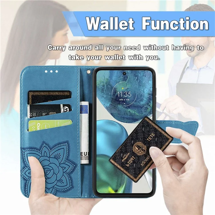 Pour Motorola Moto G52 4G / G82 5G Étui antichoc Butterfly Imprinted Wallet Phone Cover PU Leather Magnetic Clasp Stand Case avec dragonne - Bleu