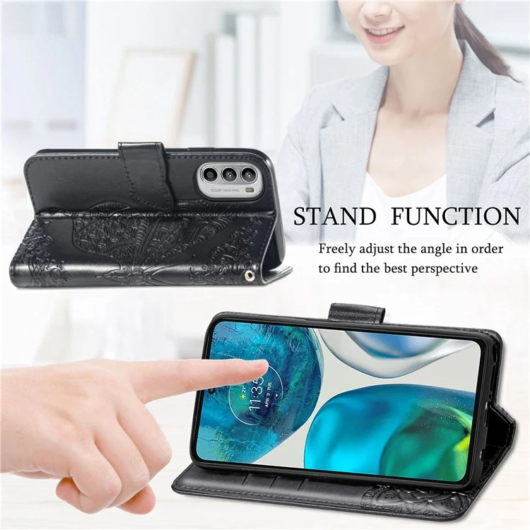 Pour Motorola Moto G52 4G / G82 5G Étui antichoc Butterfly Imprinted Wallet Phone Cover PU Leather Magnetic Clasp Stand Case avec dragonne - Bleu