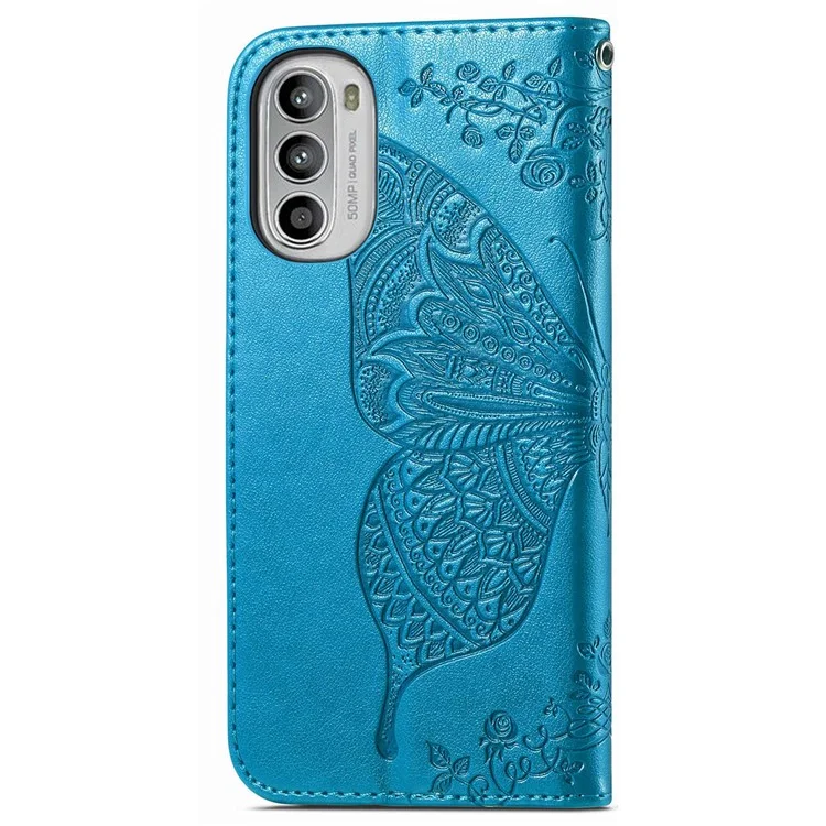 Pour Motorola Moto G52 4G / G82 5G Étui antichoc Butterfly Imprinted Wallet Phone Cover PU Leather Magnetic Clasp Stand Case avec dragonne - Bleu