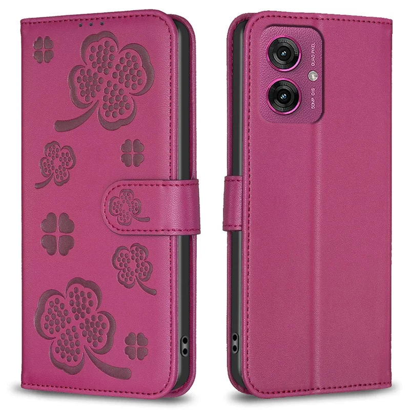 Para Motorola Moto G55 5G Case Clover Patrón de Trébol Vista de Soporte de Cuero Tapa Del Teléfono - Rosa
