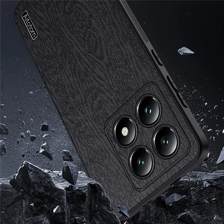 Para Xiaomi 14T Pro Case Wood Texture PU Leather Coated PC+TPU Phone Cover - Black