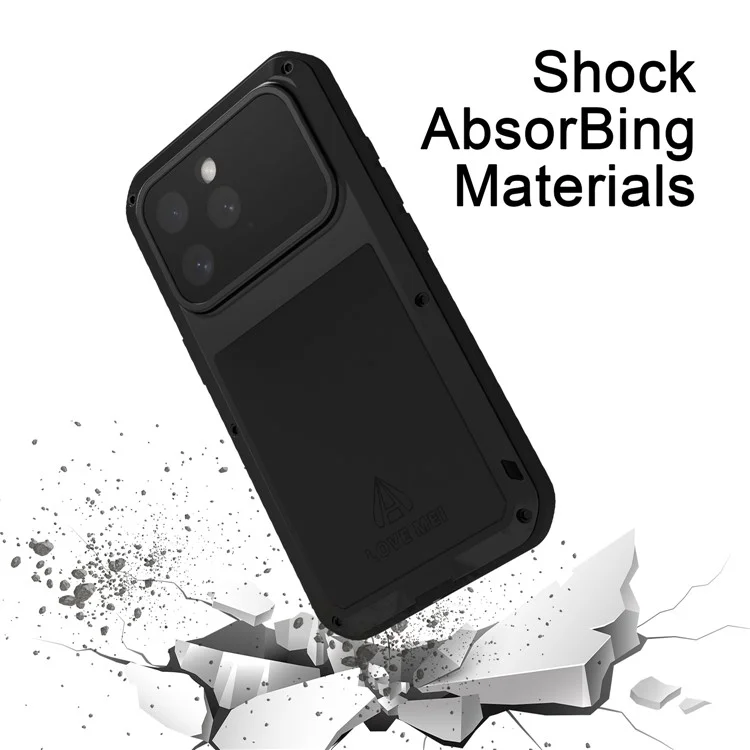 LOVE MEI Pour iPhone 16 Pro Max Étui Protecteur d'écran en verre trempé Métal+Silicone Housse de téléphone - Noir