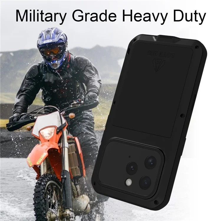 LOVE MEI Pour iPhone 16 Pro Max Étui Protecteur d'écran en verre trempé Métal+Silicone Housse de téléphone - Noir