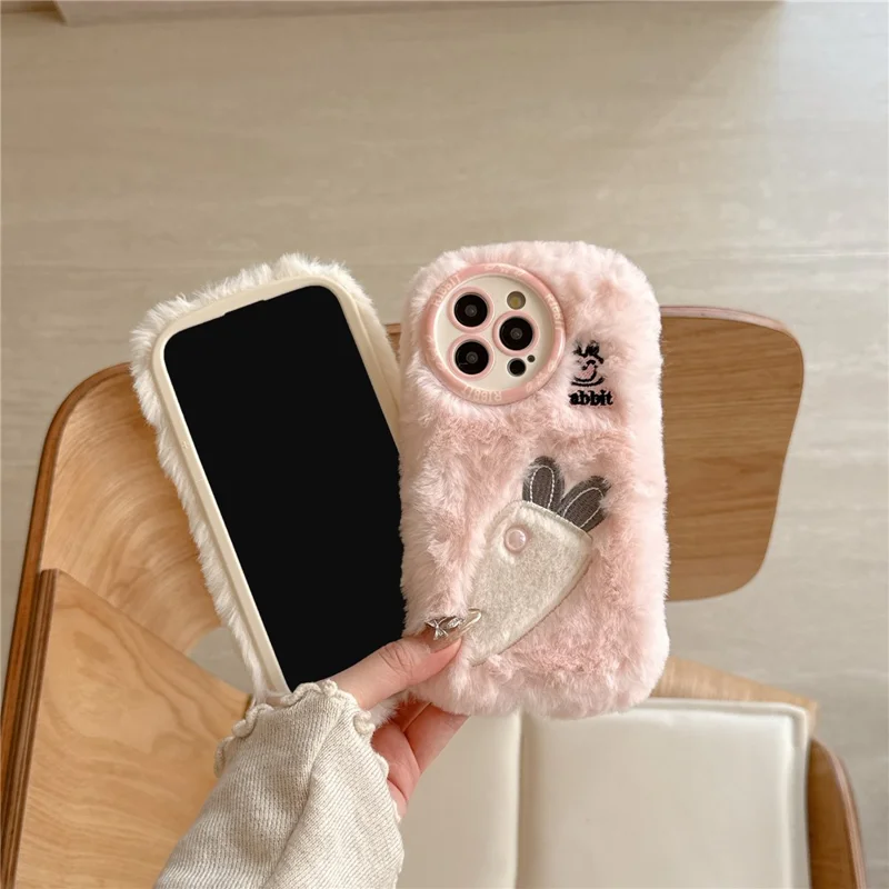 For iPhone 16 Pro Case Embroidery Carrot Rabbit Pearl Accents Furry TPU Phone Cover - White