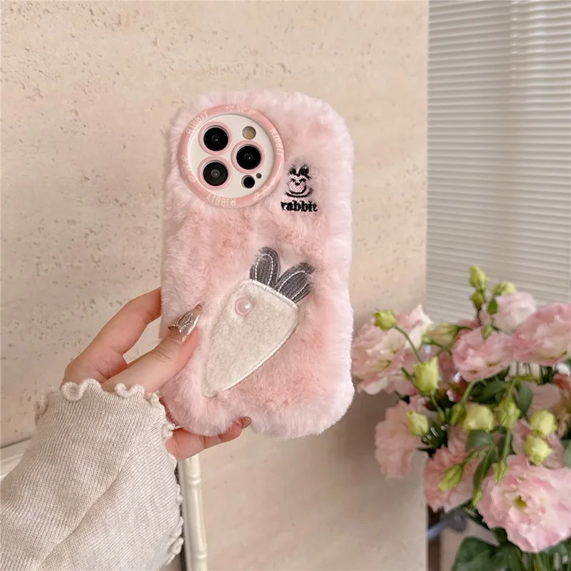 For iPhone 16 Pro Max Case Embroidery Carrot Rabbit Pearl Accents Furry TPU Phone Cover - Pink