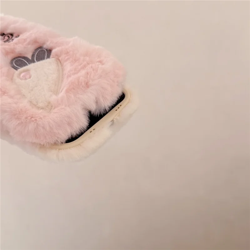 For iPhone 16 Pro Max Case Embroidery Carrot Rabbit Pearl Accents Furry TPU Phone Cover - Pink