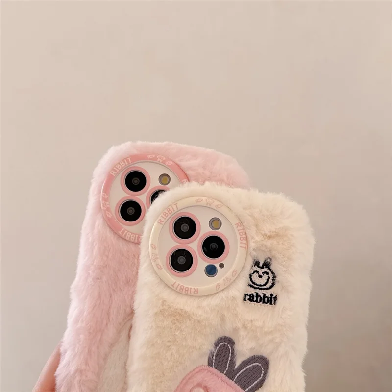 For iPhone 16 Pro Max Case Embroidery Carrot Rabbit Pearl Accents Furry TPU Phone Cover - White