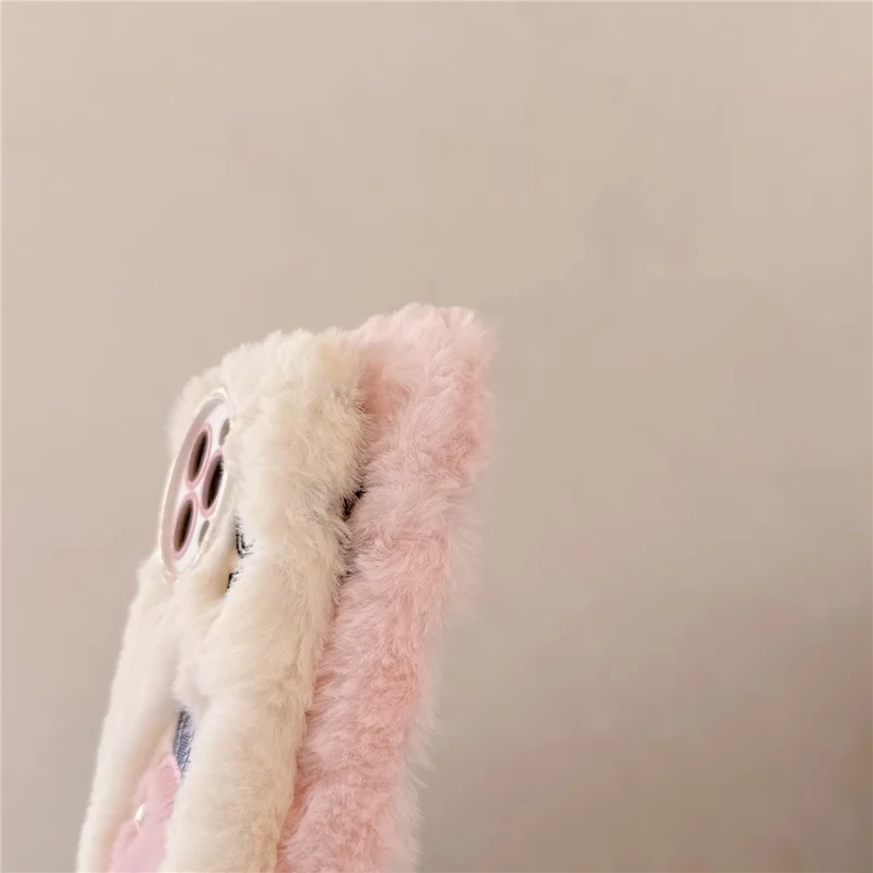 For iPhone 16 Pro Max Case Embroidery Carrot Rabbit Pearl Accents Furry TPU Phone Cover - White