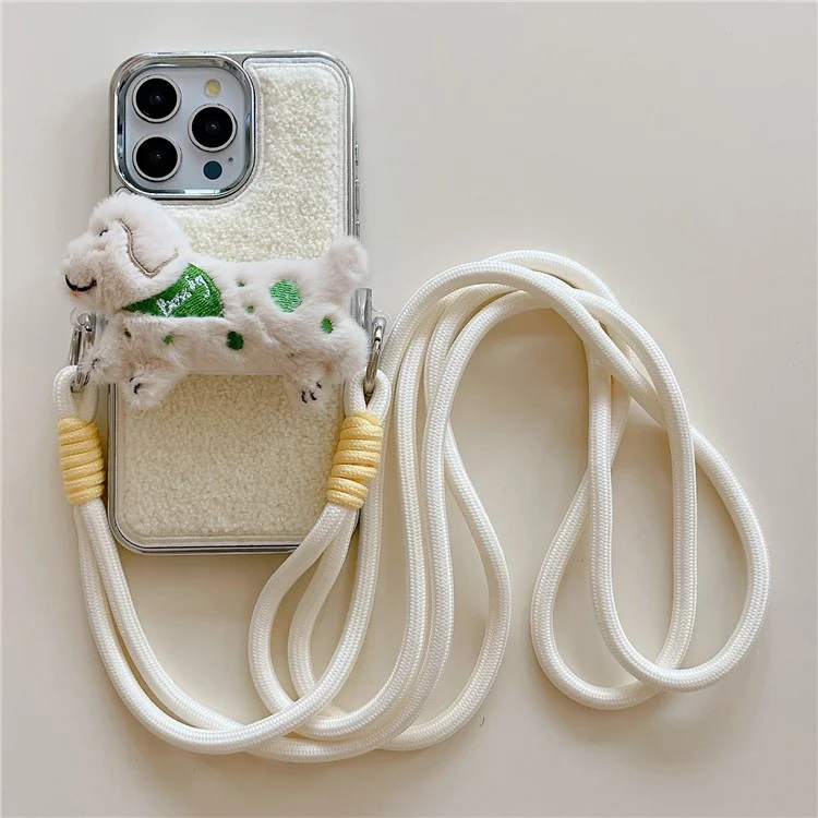 For iPhone 15 Pro Max Case Towel Felt Design TPU Electroplating Phone Cover with Phone Clip Lanyard - White
