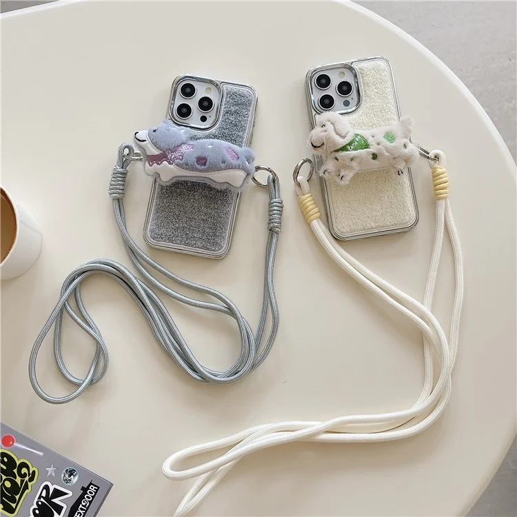 For iPhone 15 Pro Max Case Towel Felt Design TPU Electroplating Phone Cover with Phone Clip Lanyard - White