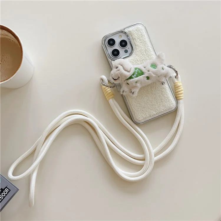 For iPhone 15 Pro Max Case Towel Felt Design TPU Electroplating Phone Cover with Phone Clip Lanyard - White