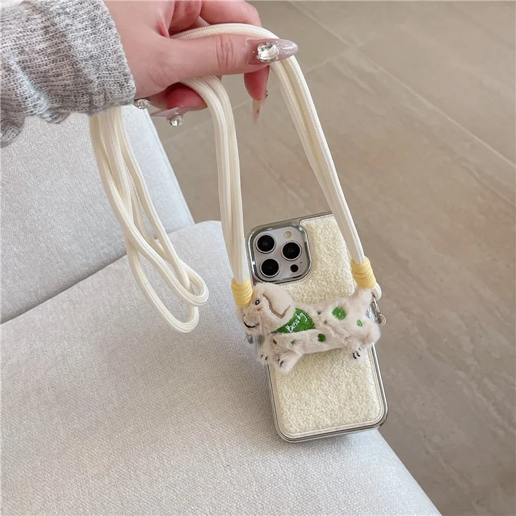 For iPhone 15 Pro Max Case Towel Felt Design TPU Electroplating Phone Cover with Phone Clip Lanyard - White