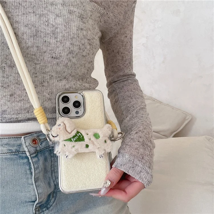 For iPhone 15 Pro Max Case Towel Felt Design TPU Electroplating Phone Cover with Phone Clip Lanyard - White