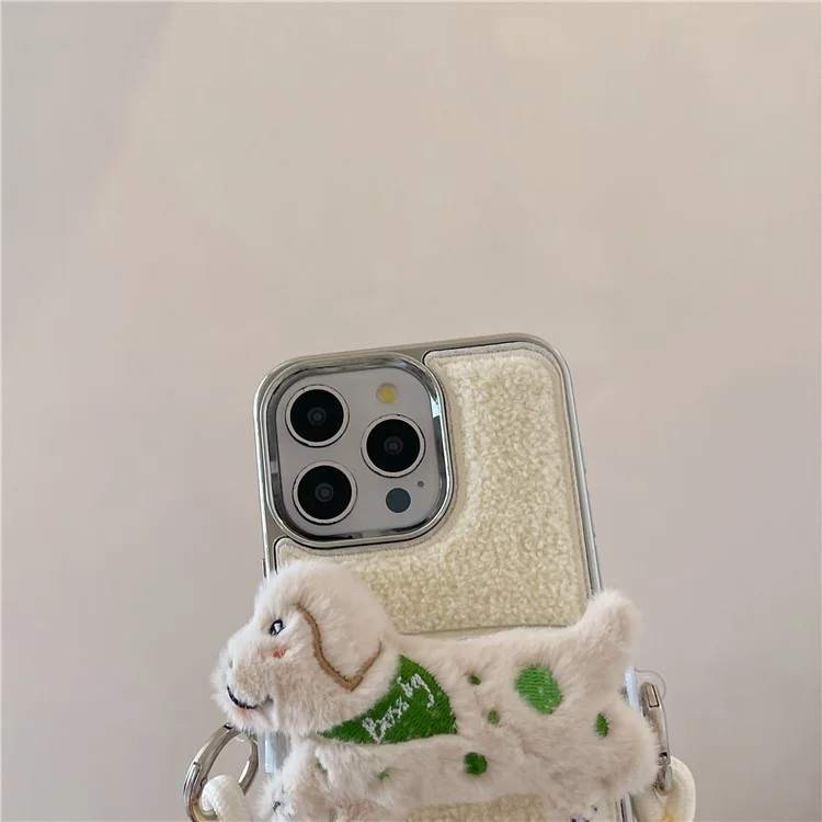 For iPhone 15 Pro Max Case Towel Felt Design TPU Electroplating Phone Cover with Phone Clip Lanyard - White