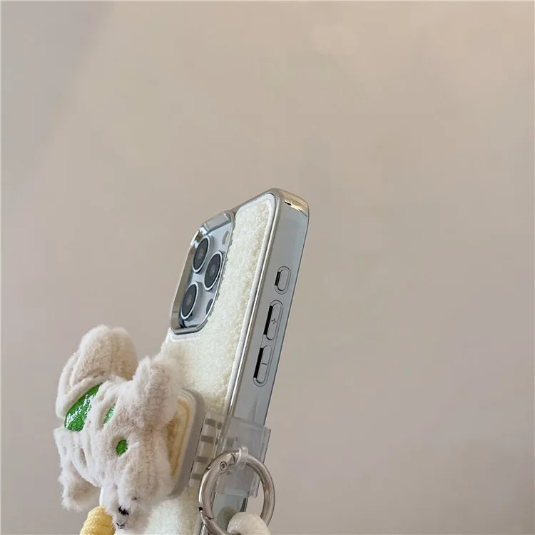 For iPhone 15 Pro Max Case Towel Felt Design TPU Electroplating Phone Cover with Phone Clip Lanyard - White