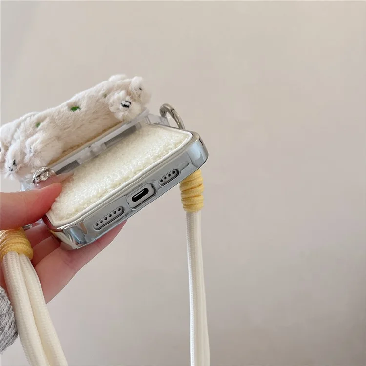 For iPhone 15 Pro Max Case Towel Felt Design TPU Electroplating Phone Cover with Phone Clip Lanyard - White