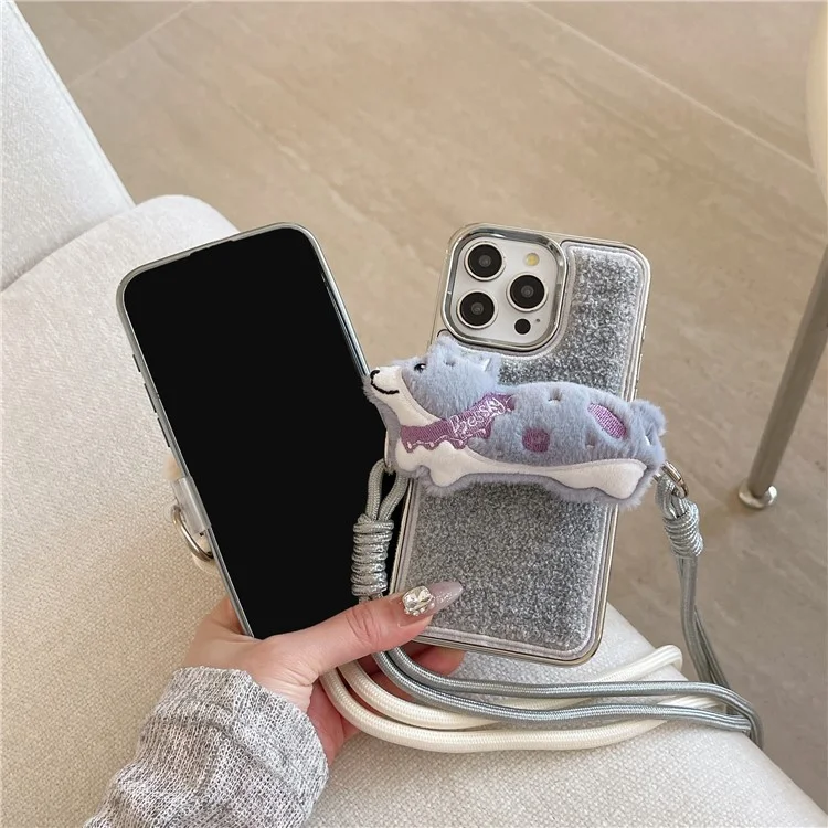 For iPhone 15 Pro Max Case Towel Felt Design TPU Electroplating Phone Cover with Phone Clip Lanyard - White