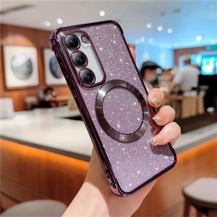 For Samsung Galaxy S23 Case Electroplating Glitter TPU Clear Phone Cover Compatible with MagSafe - Dark Purple