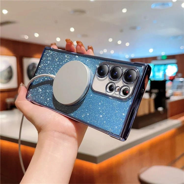 For Samsung Galaxy S24 Ultra Case Electroplating Glitter TPU Clear Phone Cover Compatible with MagSafe - Blue