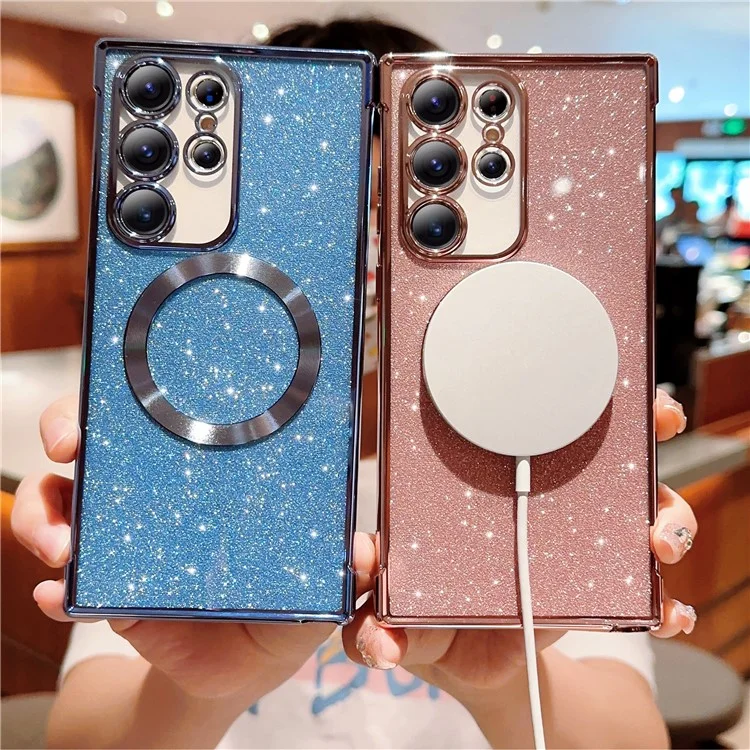 For Samsung Galaxy S24 Ultra Case Electroplating Glitter TPU Clear Phone Cover Compatible with MagSafe - Blue