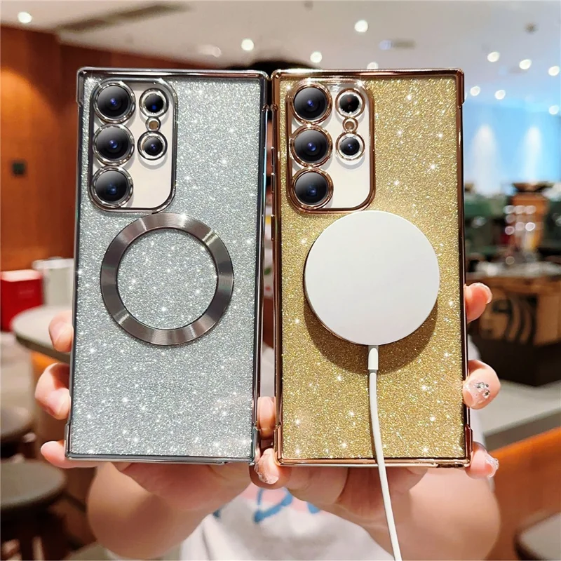 For Samsung Galaxy S24 Ultra Case Electroplating Glitter TPU Clear Phone Cover Magnetic Case - Black