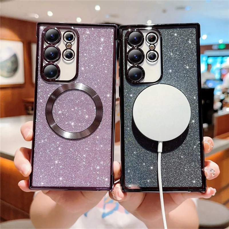 For Samsung Galaxy S24 Ultra Case Electroplating Glitter TPU Clear Phone Cover Magnetic Case - Black