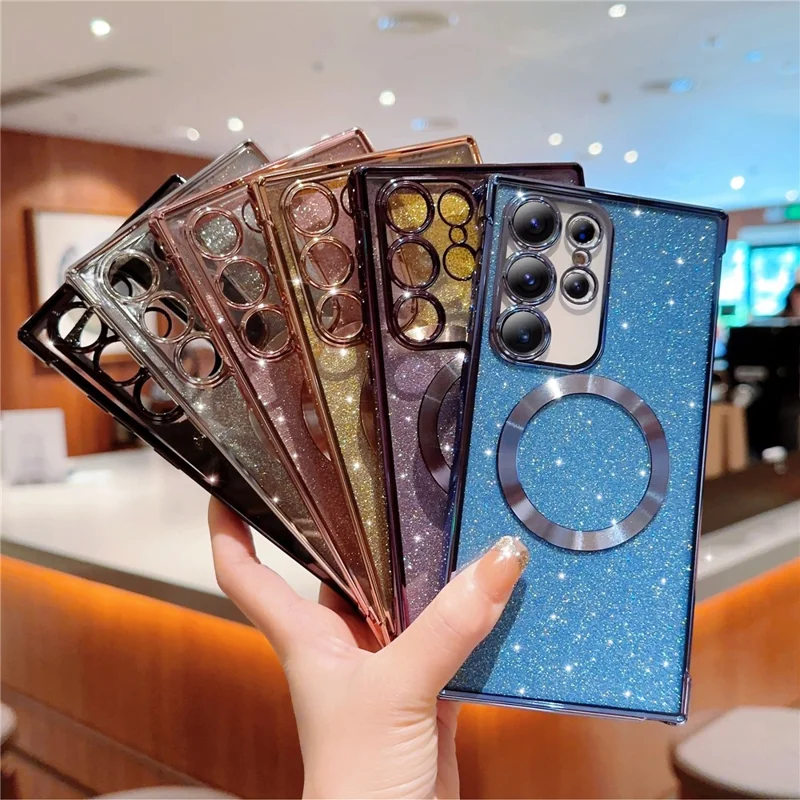 For Samsung Galaxy S24 Ultra Case Electroplating Glitter TPU Clear Phone Cover Magnetic Case - Black