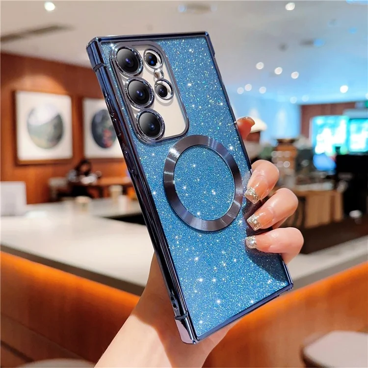 For Samsung Galaxy S23 Ultra Case Electroplating Glitter TPU Clear Phone Cover Compatible with MagSafe - Blue