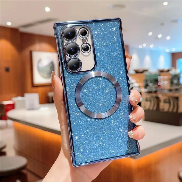 For Samsung Galaxy S23 Ultra Case Electroplating Glitter TPU Clear Phone Cover Compatible with MagSafe - Blue