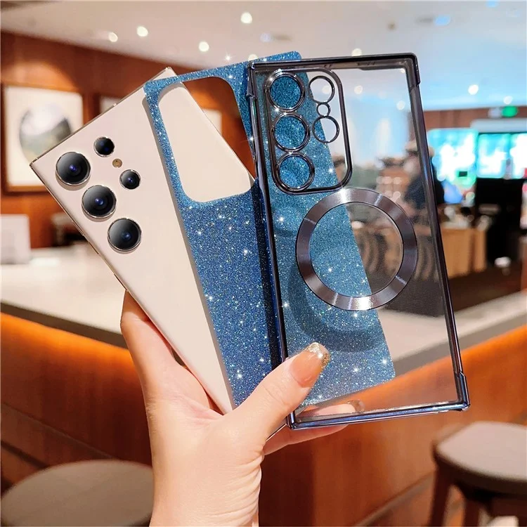 For Samsung Galaxy S23 Ultra Case Electroplating Glitter TPU Clear Phone Cover Compatible with MagSafe - Blue