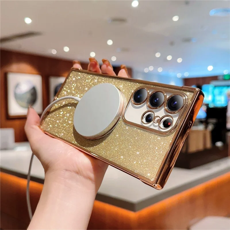 For Samsung Galaxy S23 Ultra Case Electroplating Glitter TPU Clear Phone Cover Magnetic Case - Gold