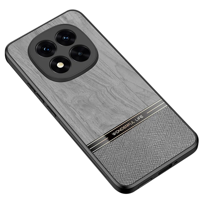 For Xiaomi Redmi Note 14 Pro+ 5G Case Wood Texture Leather Coated TPU Phone Protective Cover - Grey