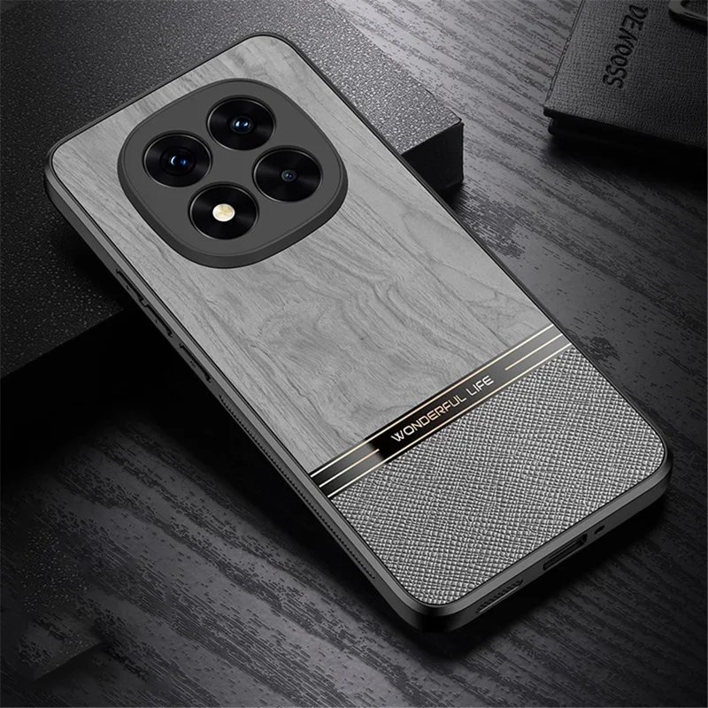 For Xiaomi Redmi Note 14 Pro+ 5G Case Wood Texture Leather Coated TPU Phone Protective Cover - Grey