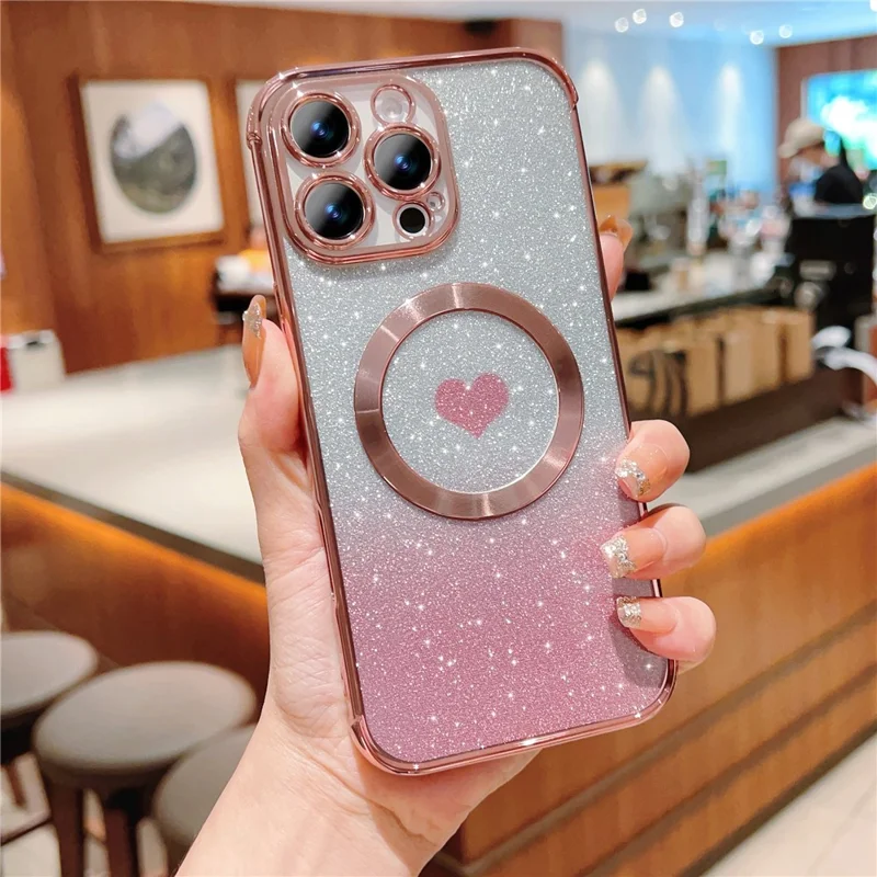 For iPhone 16 Pro Case Gradient Sparkle TPU Phone Cover Compatible with MagSafe - Rose Pink