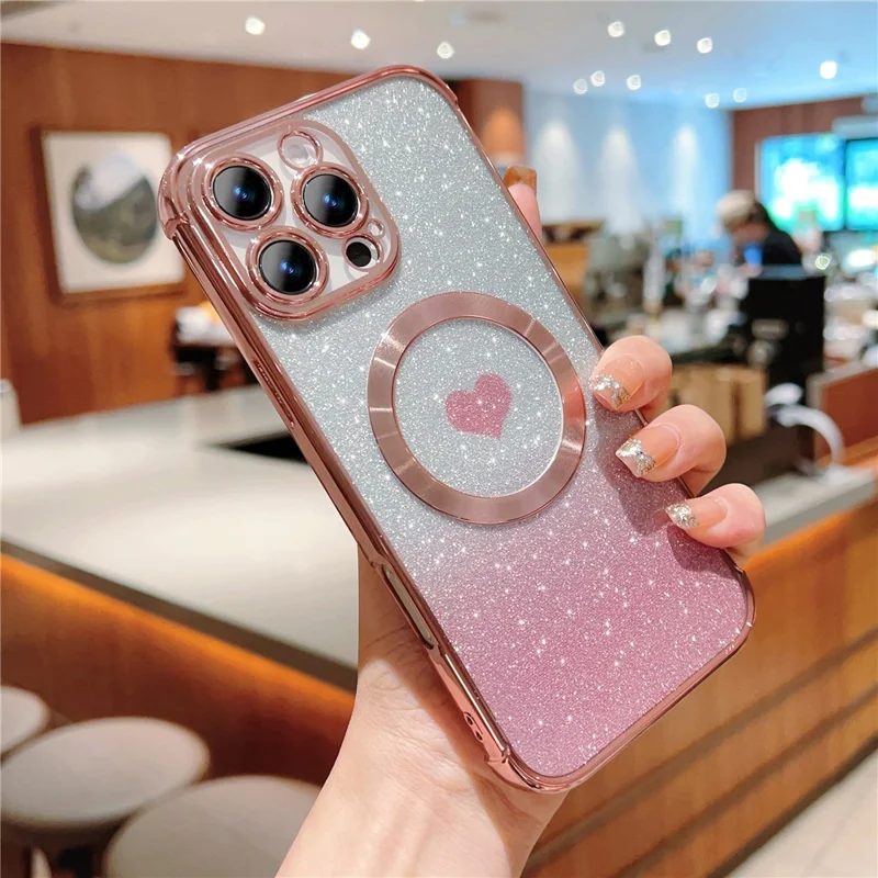 For iPhone 16 Pro Case Gradient Sparkle TPU Phone Cover Compatible with MagSafe - Rose Pink
