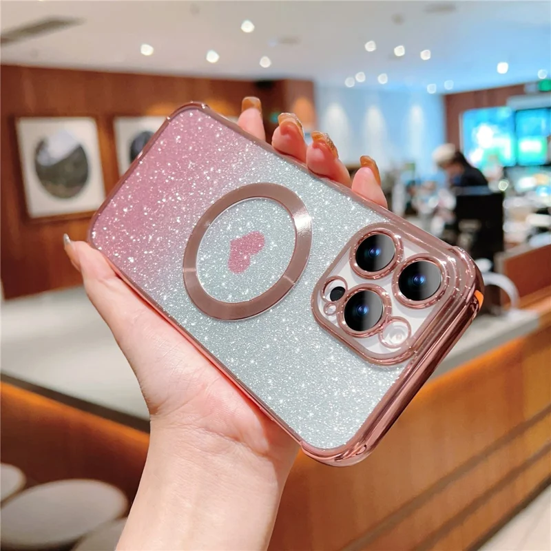 For iPhone 16 Pro Case Gradient Sparkle TPU Phone Cover Compatible with MagSafe - Rose Pink