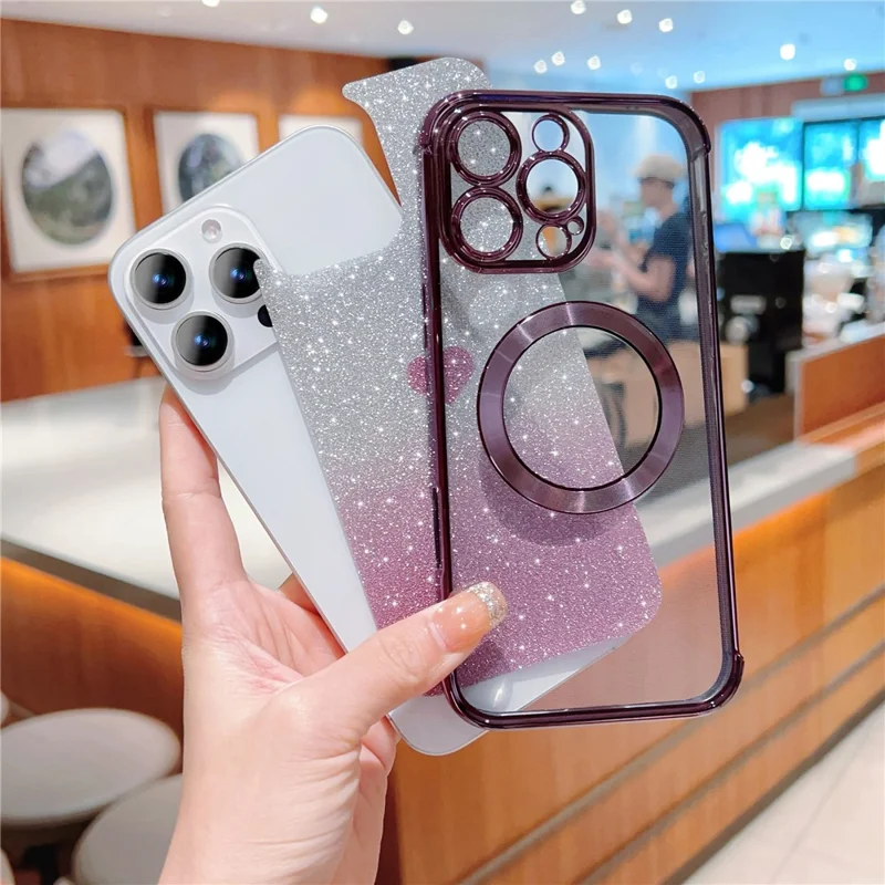 For iPhone 16 Pro Case Gradient Sparkle TPU Phone Cover Compatible with MagSafe - Rose Pink