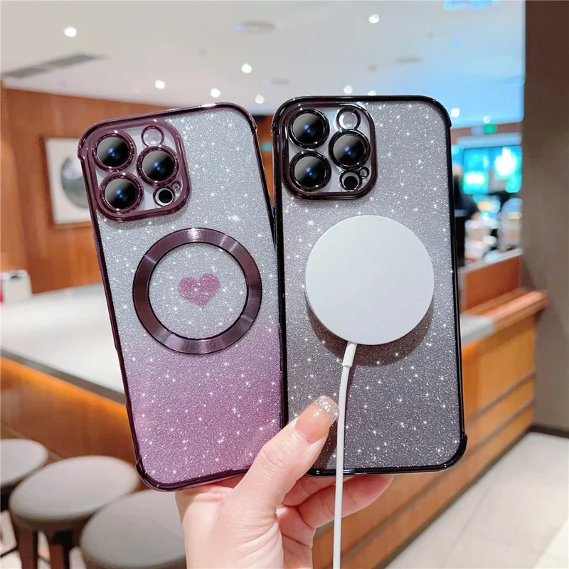 For iPhone 16 Pro Case Gradient Sparkle TPU Phone Cover Compatible with MagSafe - Rose Pink